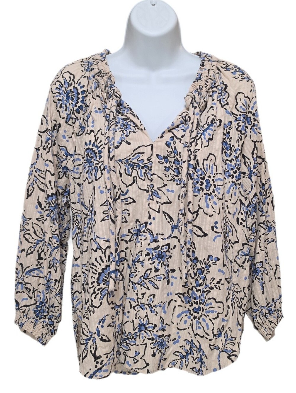 Wit & Wisdom Floral Print 3/4 Blouson Sleeve V-Neck Self Tie Woven Peasant Top S